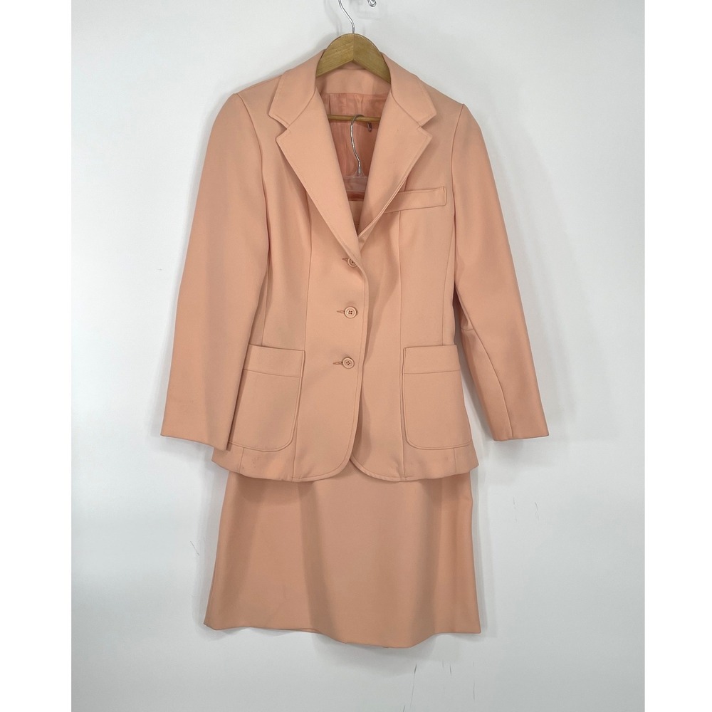 Vintage  70's Happy Legs Womens Skirt Suit 7 Blazer Set Peach ILGWU Union Made